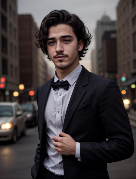 instagram photo, closeup face photo of 18 y.o man in dress suit, handsome face, night city street, bokeh, motion blur, <lora:Jaimie_OC:0.5> jaimie, black_hair, facial_hair