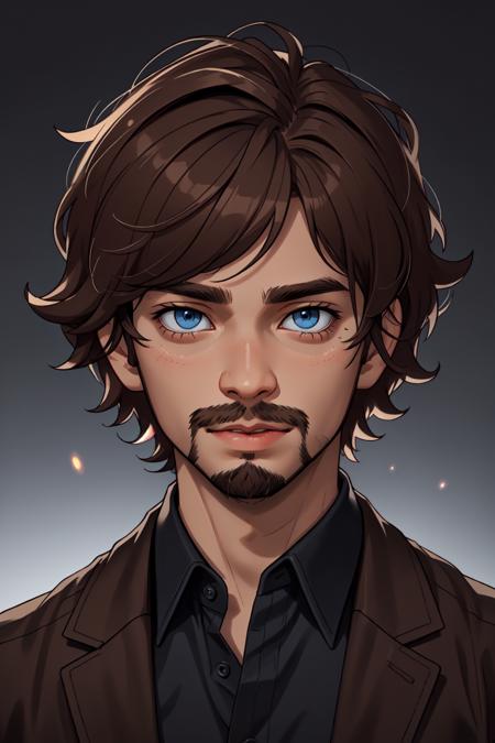 Xander Ellis,  solo,  looking at viewer,  short hair,  blue eyes,  brown hair,  shirt,  1boy,  closed mouth,  jacket,  male focus,  black shirt,  facial hair,  portrait,  realistic,  light stubble, <lora:EMS-45587-EMS:0.400000>