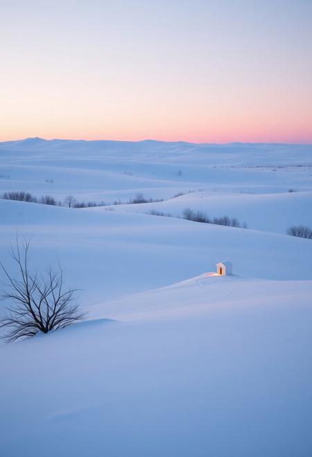 A minimalist snow-covered landscape with a small, cinematic photography, bold color palette, stylized compositions, retro aesthetics, dramatic lighting, staged scenes, surreal undertones, emotionally charged moments, vibrant characters, mid-century influences, exaggerated realism, storytelling focus
