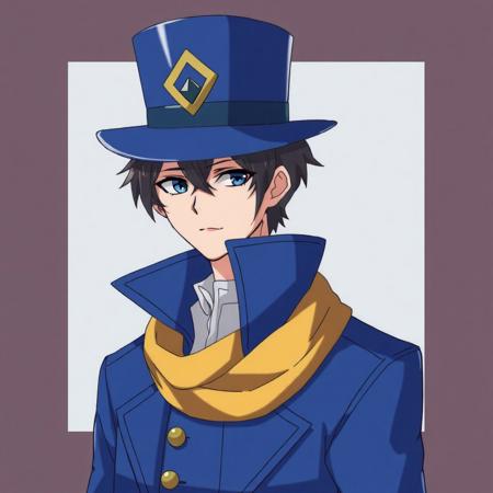 anime character male wearing a blue coat and a blue top hat