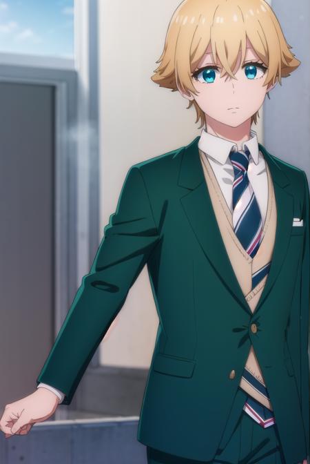 kousukemisaki, <lora:kousuke misaki s1-lora-nochekaiser:1>,
kousuke misaki, short hair, blue eyes, blonde hair, hair between eyes, male focus,
BREAK shirt, long sleeves, school uniform, jacket, white shirt, open clothes, necktie, collared shirt, pants, open jacket, black pants, blazer, red necktie, (green jacket:1.5), brown pants,
BREAK indoors, classroom,
BREAK looking at viewer, (cowboy shot:1.5),
BREAK <lyco:GoodHands-beta2:1>, (masterpiece:1.2), best quality, high resolution, unity 8k wallpaper, (illustration:0.8), (beautiful detailed eyes:1.6), extremely detailed face, perfect lighting, extremely detailed CG, (perfect hands, perfect anatomy),