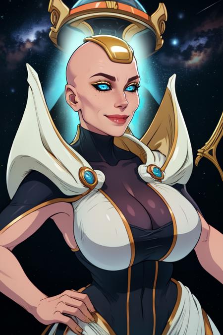 Kronika,solo,blue eyes,black sclera, bald,  gold cap, 
robes,  cleavage, hips, cowboy shot, 
standing, upper body,  smug, smile,         
abyss, giant hourglass,  milky way, 
(insanely detailed, beautiful detailed face, masterpiece, best quality) cinematic lighting,   <lora:Kronika:0.8>