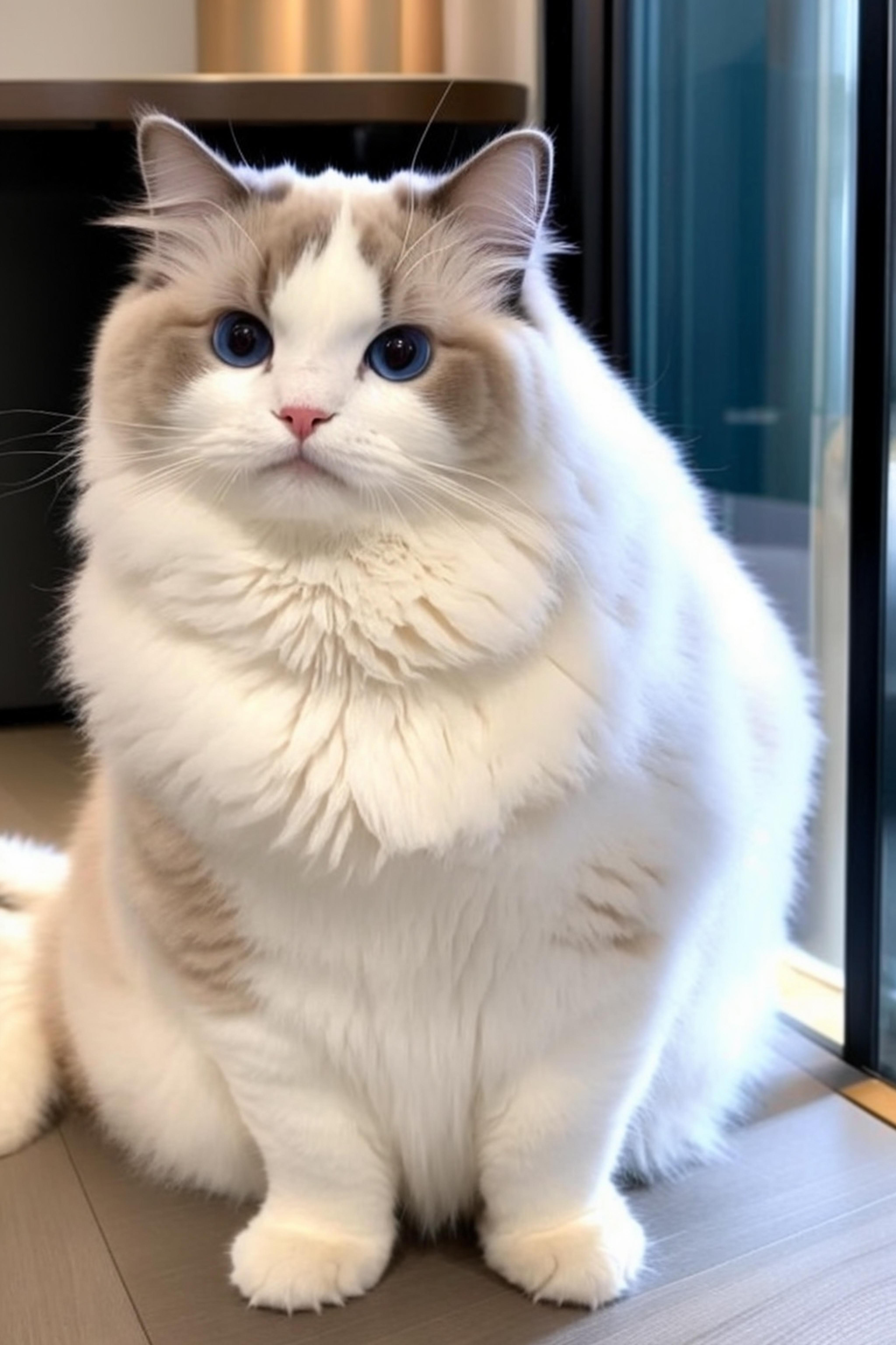 A large white cat with blue eyes sitting by a window.