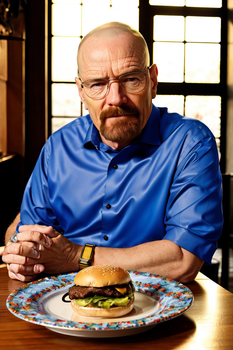 A close-up of a man in a blue shirt sitting at a table with a hamburger in front of him.