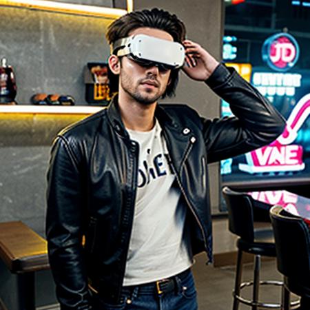 masterpiece, Highest Quality, Highest Resolution, perfect background, perfect perspective, sharp image, perfect details, perfect lighting, perfect shadows, Perfect lighting, Best background, best anime, 1man, VR headset, head-mounted display, jeans, leather jacket, outside of bar, street, wall, neon lighting,