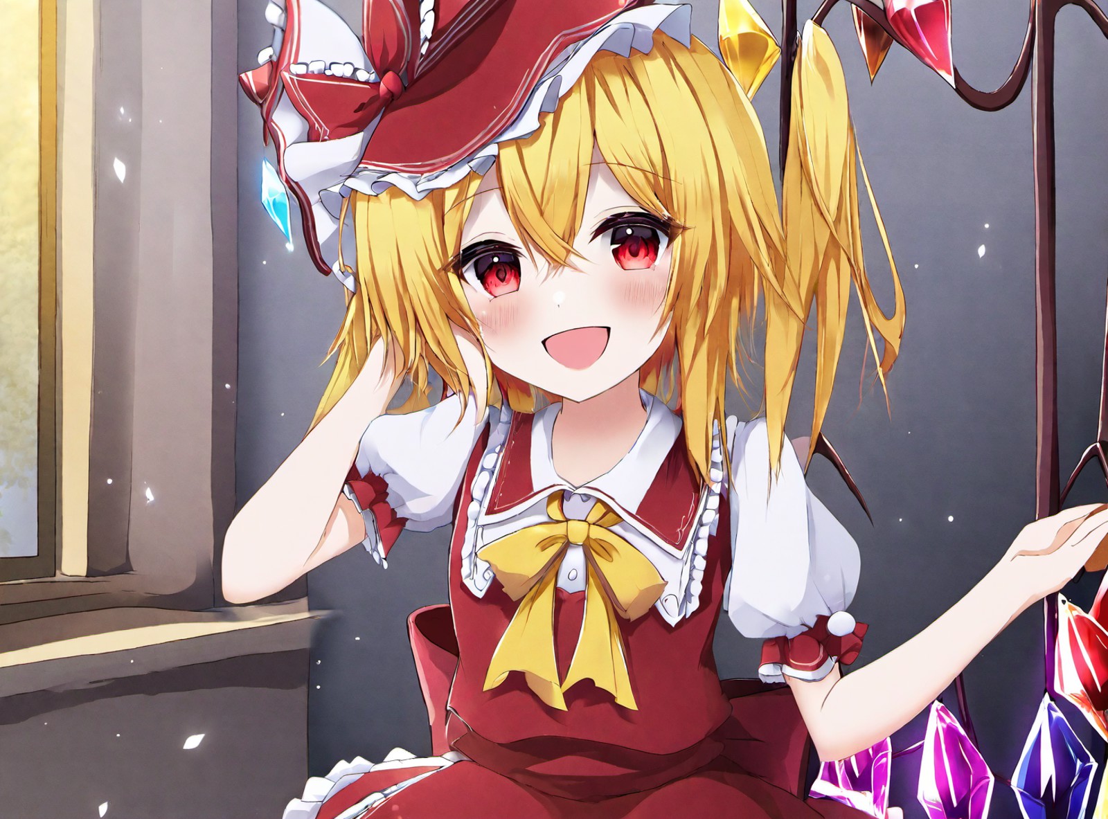 A girl flandre scarlet has red eyes, yellow hair, and fair skin. She is wearing a red and white dress with a yellow bow. S...