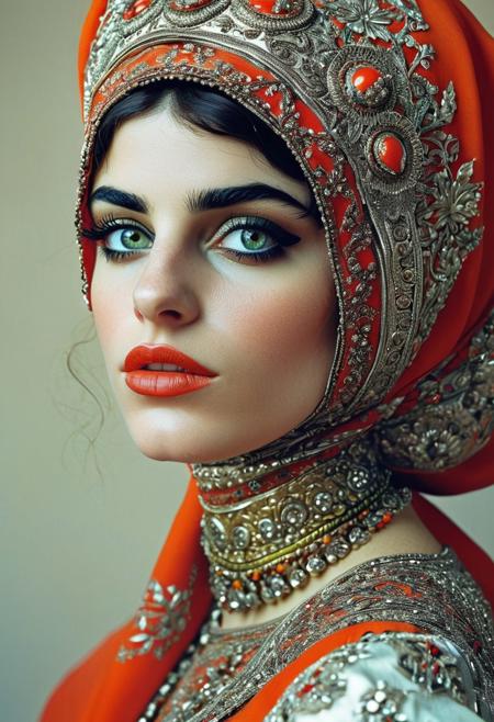 ,Persian girl,photography in the style of detailed hyperrealism,fantasy,Tim Walker, Jamie Hewlett,hyper detailed,intricate, poster,artstation,perfect composition,very weird forms,screenshot ,dof <lora:add-detail-xl:0.5>