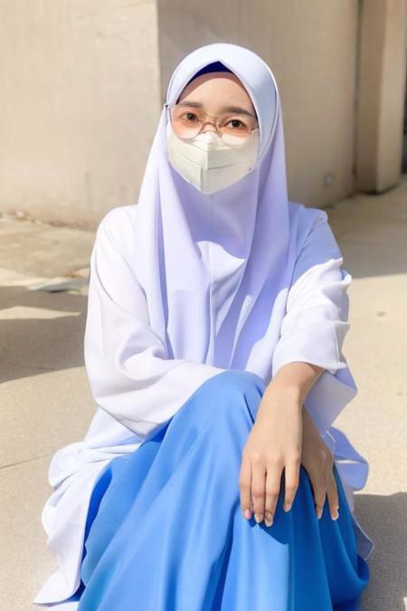 (masterpiece), (high quality, best quality, realistic, perfect face, expressive eyes), classroom, looking at viewer, 1girl, mature female, (white hijab:1.1, white dress, blue skirt:1.1), glasses, face mask, happy, white mask