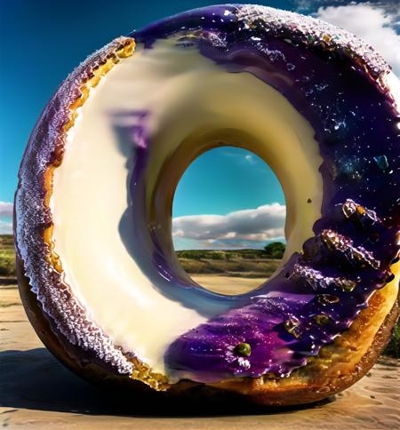 doughnut,cicle building, outdoor, purple hair, golden milk,wind ,no human  <lora:donut:1>