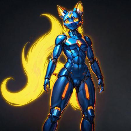 solo, smile, animal ears, tail, full body, yellow eyes, ass, cat ears, no humans, glowing, digital background, fire tail, robot, glowing eyes, joints, humanoid robot, muscular, pectoral muscles, toned abs