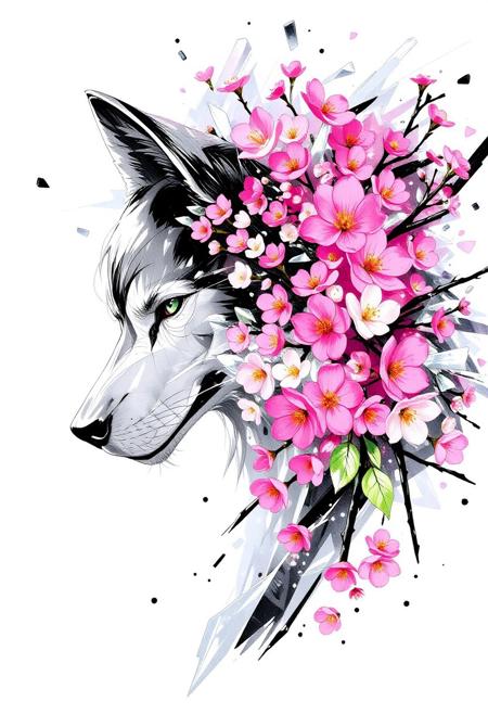 bmstyle anime, A wolf made of translucent, crystallized material shatters outward, with shards transforming into a burst of vibrant Sakura flowers. The flowers are varied in color and species, blooming mid-air as if born from the explosion. Soft light refracts through the crystal fragments, creating a surreal, dreamlike atmosphere.
 <lora:FLUX-daubrez-DB4RZ-v2:0.35> DB4RZ, DB4RZ style painting <lora:illustration004:0.8> illustration004 chaotic expressive line-art scribbled and erratic strokes monochromatic black ink <lora:Scribble Portrait Drawing:0.35> Drawing <lora:aidmaMJ6.1_v0.5_3:0.35> aidmamj6.1, aidmamj6, mystcorbCE_style