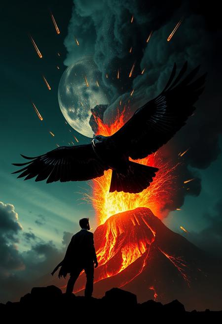 vintage movie poster with black SKY very clean colours, meteors falling from sky, and a black raven flying with wings  like thunders coming out from a volcano erupting ,wind seems like flames, behind a very clear silhouette of man from Tijuana mexico looking to the raven in skt. extremely intricate, stylized and classy concept art, a professional photograph. Detailed Textures, high quality, high resolution, high Accuracy, realism, color correction, Proper lighting settings, experimental art composition
Text "Rey Trueno",