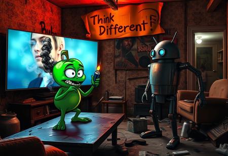"In a grimy, dilapidated Florida crackhouse, a cartoonish green apple with exaggerated eyes and twisted limbs faces off against the iconic Android logo robot. The apple, perched on a stained coffee table, holds a meth glass pipe in one hand, with acrid smoke billowing from it. In its other hand, it clutches a lighter, flickering ominously.
The massive OLED TV mounted on the wall casts a harsh, flickering light, creating unsettling shadows as it plays an unnervingly vivid Apple commercial. The room’s walls are grimy, covered in graffiti, and peeling wallpaper hangs in tatters. The floor is strewn with trash, broken furniture, and empty cans.
The Android robot, with a rusted, dented exterior and malfunctioning eyes, stands in a defensive stance with twitching antennae. Above the TV, a warped cardboard sign with 'Think Different!' hangs crookedly, its jagged lettering backlit by flickering LEDs that cast eerie shadows on the peeling walls.
The air is thick with mildew, decay, and the sharp scent of meth smoke. The green apple’s glossy skin and the Android’s grimy, rusted body are harshly illuminated by the flickering light, heightening the bizarre and unsettling confrontation in this derelict, drug-ridden setting."