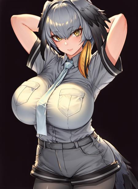 beautiful, masterpiece, best quality, realistic photo of 1girl, shoebill, huge breasts, armpits, collared shirt, grey hair, grey necktie, grey pantyhose, grey shirt, grey shorts, hair between eyes, head wings, highres, kemono friends, layered sleeves,  <lora:my_LoRA_ShoebillKemonoFriends_v1:0.7>