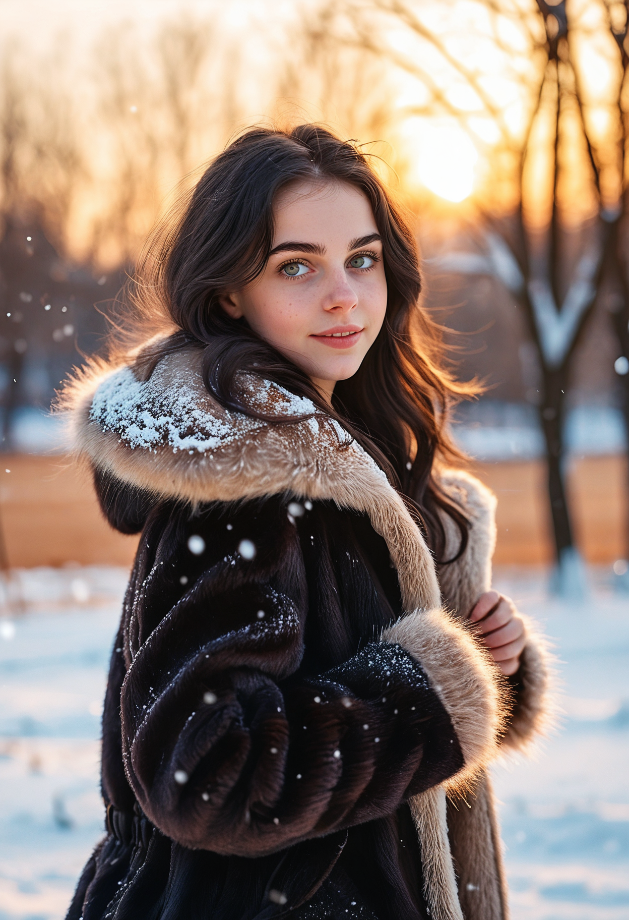 Shot from a side, young teenager girl, black hair, big glossy beautiful eyes, soft pale skin, brown fur coat, gracefully posing, slightly smiling, looking at viewer, in love, (snowfall:1.3), winter, upper body, park, romantic_sunset, depth_of_field, 8k, intricate details  <lora:add-detail-xl:1.5> <lora:epi_noiseoffset2:1> <lora:hkmagicV2:0.5>