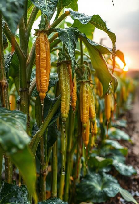 a bunch of milpa plants, with water droplets on them, milpa dripping, a Gaint milpa planting system, corn, bushes of squash, beans, wearing a milpa, milpa dripping juice, milpa, milpa wall, “milpa, rainy background, raindrops, wild milpa plants, beautiful art uhd 4 k, clear liquid and snow, nature wallpaper, gems and diamond for milpa plants, rain drops, 32k, rain drops, sun shining behind the glowing clouds,
