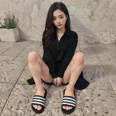 best quality, masterpiece, realistic, detailed skin, 1 girl, sitting, sitting on grass,pale skin, wearing slippers,legs,foot,korean female,photorealistic,3stripe slipper:1.4,female legs,skinny legs,spread legs, ,miniskirt,blouse,outdoors,dappled sunlight,park, skinny legs,light skin, detailed toes,
<lora:3stripeSlippers:0.8>