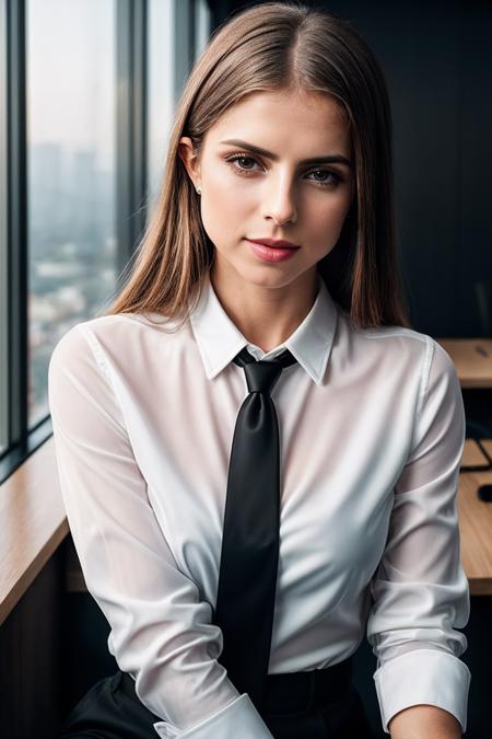 EmelieC_SoloTI_v1,
(happy,smile),
(In a crisp white button-up shirt, with a sleek black tie, for a professional and authoritative look), (A modern law firm during the day, with glass walls and polished wood desks, colleagues engaged in intense discussions, focused atmosphere:1.3), (seductive:1.3),(analog, cinematic, film grain, hazy atmosphere, cinematic shot:1.3), 
 <lora:add_detail:0.6>, PA7_Portrait-MCU,