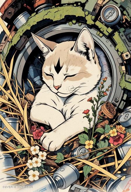 Paint a serene yet dynamic watercolor scene in the Flux art style, where a sleeping cat is *fully nestled within a pile of straw and flowers*. The cat’s body, rendered in soft, muted washes of ash-gray and ivory with a black M in his forehead, is half-buried under a pile of cans, he is inside of a giant destroyed robot eye in an apocalyptic world the robot is cover with moss and plants
