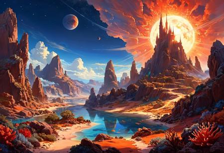 ethereal fantasy concept art of  breathtaking  a wanderer between worlds in flowing clothes, (epic landscape:1.5),  (style Ido  drawing), (style Ido  painting),best quality, masterpiece, extremely detailed,  professional  art,  professional painting, an extremely delicate and beautiful, dynamic,  great lighting, perfect shading, professional shading, depth of field,   side soft light, elegant, gorgeous, highly detailed,   full shot, uncropped,   pure genious, absolutely perfect,  highly detailed, breathtaking,
image style is octane render with detailed John Berkey  incluence ,, landscape  a cosmic canvas where stars weave tales of eternity, Towering Granite Spires and Cliffs,            many small clouds, and one big cloud, and clear sky,,   in the sky is blackhole and coronal flares and asteroid belts ,  ,a vibrant coral reef, with schools of fish darting between the brightly colored coral structures.,
<lora:psychedelic_trip:0.7> psychedelic trip,
<lora:EldritchRomanceIllustration1.3.1:0.5>,
<lora:- SDXL - vanta-black_contrast_V3.0:0.2>,
<lora:add-detail-xl:1>,
<lora:detailed_notrigger:1>,, masterpiece, award-winning, professional, highly detailed, magnificent, celestial, ethereal, painterly, epic, majestic, magical, fantasy art, cover art, dreamy