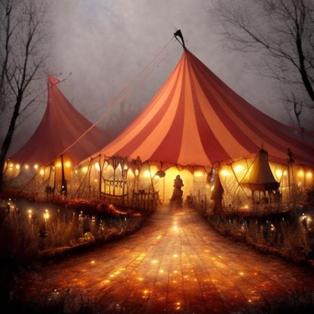 The little circus of horrors, circus tent outside, creepy, hyper realistic, ambient lighting, in (reasonableDrink: 1.2) style