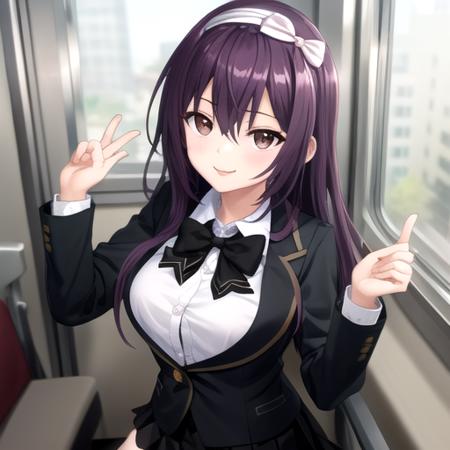 ((masterpiece)),(best quality),official art,extremely detailed CG,unity 8k wallpaper,ultra detailed,train interior,1girl,solo,upper body,(portrait:1.2),looking at viewer,very long hair,hair between eyes,large breasts,white shirt,collared shirt,dress shirt,black skirt,miniskirt,pleated skirt,zettai ryouiki,smile,black jacket,school uniform,loafers,purple hair,hairband,brown eyes,hair bow,black bow,black bowtie,black thighhighs,long sleeves,bangs,<lora:Amase Manami(cur)>,