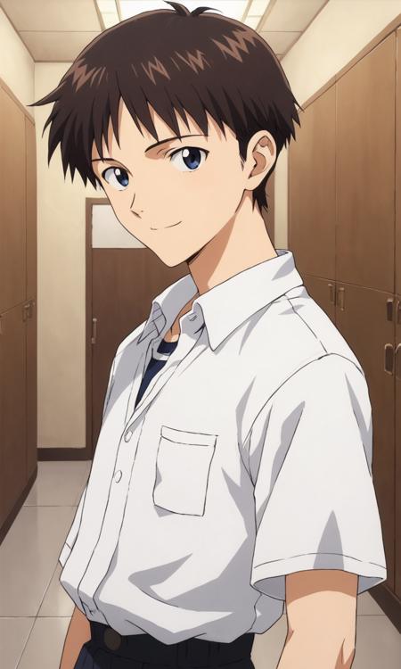 shinjieva, dark brown hair, blue eyes, short hair, white shirt, short sleeves