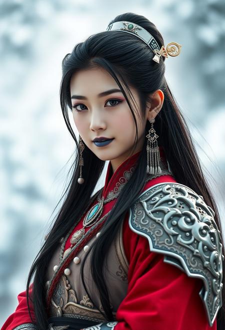 symmetrical full shot of a chinese warrior girl, long hair, black hair, jewelry, (blue eyes:1.1), makeup, blue lipstick, pale skin, white skin, armour, earrings, wearing elegant costume, in the moutains at winter, winter, snow in the background,  skin texture, best quality, ultra-detailed, analog style, cinematic light, sidelighting, ultra high res, small smile, closed mouth, Kang-Jin Star, Wukong