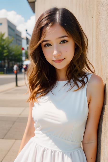 solo, very detailed, detailed face, picture of beautiful girl, pokidiffusion, picture of a beautiful girl with blond hair wearing white dress, soft smile, outside in a common place