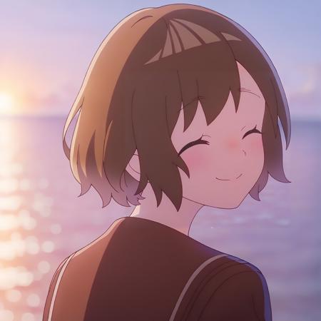 mah1ru, 1girl, solo, looking at viewer, blush, smile, short hair, brown hair, long sleeves, closed mouth, brown eyes, standing, outfit_2, brown serafuku, school uniform, upper body, medium shot,arms at sides, white background