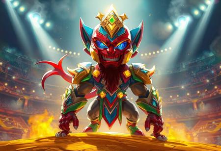 "Highly Detailed Illustration: A Destiny HERO - Diamond Dude, vibrant in red, blue, green, and yellow, stands poised on a yellow Amazoness Arena, ready for action. The A Destiny HERO - Diamond Dude, a fusion of shapes and sizes, has striking blue eyes and a bold red mouth. The image is a 4K masterpiece, with lifelike details, sharp lines, and stunning colors. The lighting is cinematic and dynamic, with glowing lights and intricate volumetric effects. This epic artwork exudes vibrant energy, vivid emotions, and a powerful message, perfect for CGSociety and Artstation showcase."