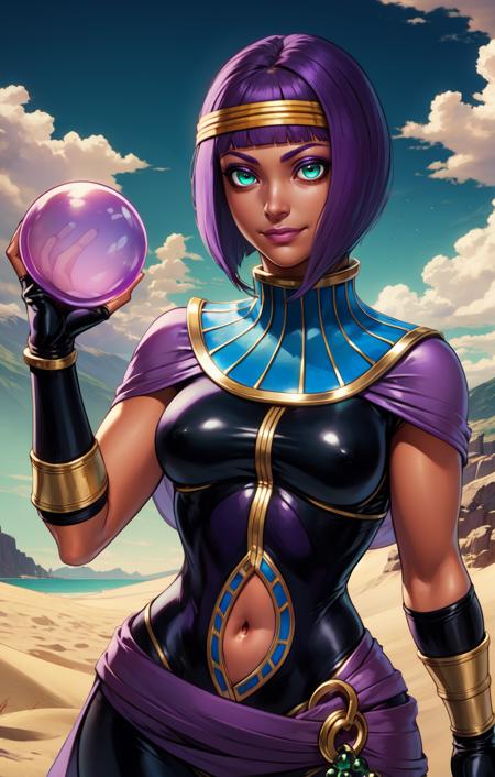 Menat, purple hair, bob cut, green eyes , 
circlet, purple bodysuit,  navel, clothing cutout, shawl, bracer,usekh collar,  fingerless gloves
crystal ball,
standing,upper body, 
cloudy,dusk, sand, 
 looking at viewer,smile,
(insanely detailed, beautiful detailed face,beautiful detailed eyes, masterpiece, best quality),
 <lora:Menat:0.8>