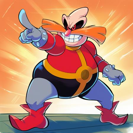 dr_robotnik_(\aosth\) bald, red eyes, orange mustache, pink nose red shirt, black pants, grey socks, grey gloves, red boots