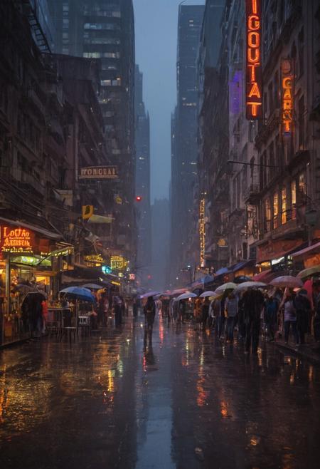 zzCitronCAT, twilight, city street, lot of people, neon signs, heavy rain, umbrellas, reflections, skyscrapers, exotic architecture, street vendors