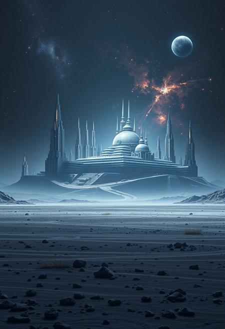On a vast flat, rock strewn plain, a sprawling alien city covers a central elevated plateau. Tall futuristic buildings and mysterious domes of the alien city, twinkling with light, reach towards an inky black sky with magnificent nebula and  a small blue planet. Around the plateau sparse alien vegetation brings a hint of colour to the grey plain. Futuristic, realistic digital artwork