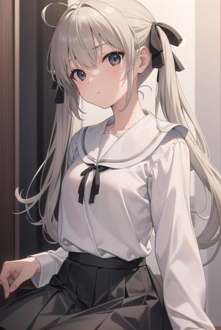 sora kasugano, ahoge, (black eyes:1.5), hair between eyes, hair ribbon, long hair, twintails, black ribbon, white hair, dress, long sleeves, white dress, long skirt,  black footwear, black pantyhose, grey ribbon, grey skirt, loafers, long sleeves, miniskirt, pantyhose, pleated skirt, sailor collar, school uniform, serafuku, shoes, skirt, white sailor collar, white serafuku,