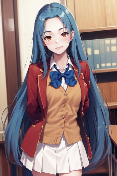 masterpiece, best quality, highres, 1girl haruka hasebe blue hair, school uniform white skirt white skirt red jacket orange vest blue bowtie <lora:haruka_hasebe:1> standing, leaning leaning forward, arms behind back, smile