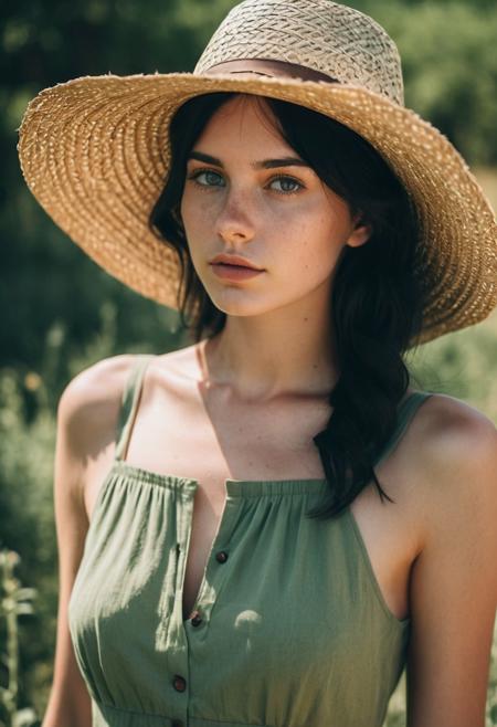 instagram photo, European girl, black hair, straw hat, sage green dress, perfect detailed eyes, natural skin, hard shadows, film grain