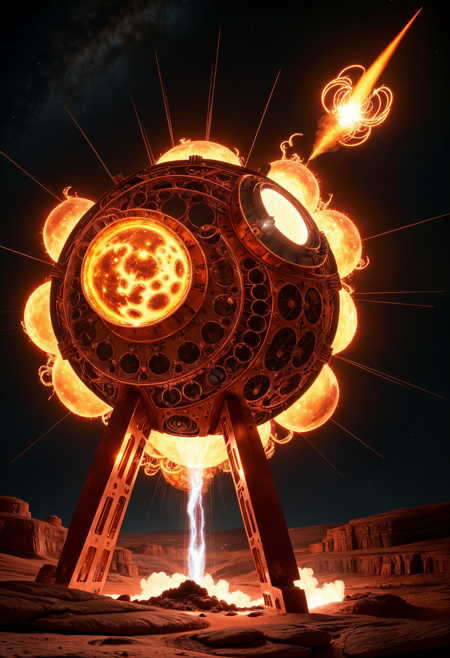 Epic, shot of an epic MadeOfCopper droid with copper cookware set, hyper-detailed with printed circuit board MadeOfCopper, made of copper steampunk, polished copper body, mirror-like shine, insane reflections bouncing off the surface, ultra-smooth metallic texture, intricate mechanical details glowing with light, maximum gloss and gleam, cinematic lighting, golden and amber hues, reflective flares, photorealistic, 8k resolution, sharp edges, vibrant metallic sheen, mysterous and standing in a magnificent lunar sci-fi environment space, dark, white barren moonscape with craters and rocky terrain, a glowing sun on the horizon casting dramatic light rays, soft beams of sunlight illuminating C-3PO, high contrast, vivid colors, elegant and majestic composition, stunning visual impact, copper, <lora:MadeOfCopper01_CE_SDXL:1> full Copper steampunk