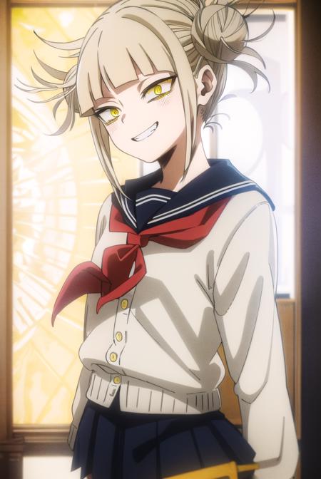 togahimiko, <lora:himiko toga s5-lora-nochekaiser:1>,
himiko toga, (toga himiko:1.2), bangs, blonde hair, (yellow eyes:1.5), blunt bangs, hair bun, double bun, messy hair, smile, grin, teeth,
BREAK skirt, long sleeves, school uniform, pleated skirt, shoes, serafuku, socks, sailor collar, blue skirt, neckerchief, kneehighs, brown footwear, cardigan, black socks, loafers, red neckerchief, yellow cardigan,
BREAK indoors, classroom,
BREAK looking at viewer, (cowboy shot:1.5),
BREAK <lyco:GoodHands-beta2:1>, (masterpiece:1.2), best quality, high resolution, unity 8k wallpaper, (illustration:0.8), (beautiful detailed eyes:1.6), extremely detailed face, perfect lighting, extremely detailed CG, (perfect hands, perfect anatomy),