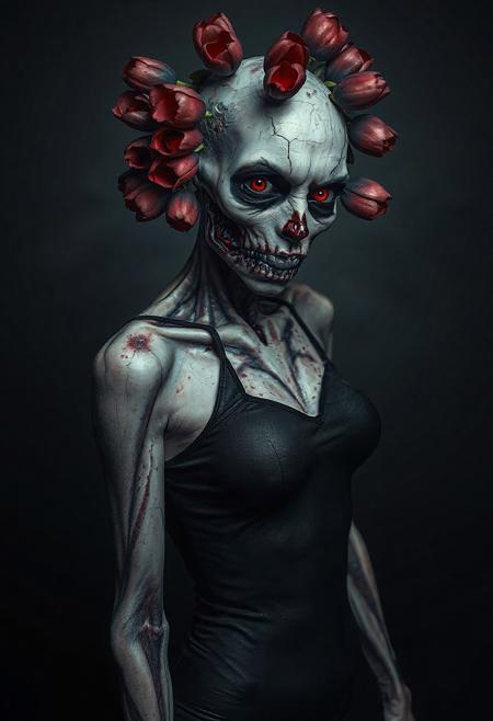 Realistic full body shot of a zombie female, woman+zombie mutation, decaying face decked out in red and black tulips. Her pale skin is cracked and peeling, revealing a gnarly zombie deciption underneath. Her fiery red eyes pop against the dark, gothic vibe. The background is a dark, moody gradient that amps up the creepy atmosphere. She's rocking a tight, black bodysuit that clings to her bony frame. The whole scene screams dark fantasy and horror.