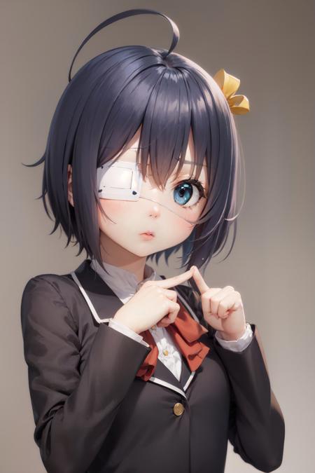 (masterpiece, best quality:1.2), <lora:chunibyo_takanashi-12:0.9>, <lora:concept_indexfingerstogether-10:0.9>, upper body, solo, 1girl, takanashi rikka, expressionless, index fingers together, ahoge, blue eyes, medical eyepatch, school uniform, jacket