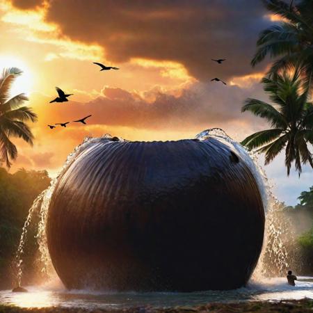 Dense water fall emerging from a giant  coconut shell , dense coconut farm ,people collecting water from it, sun set,birds flying,black clouds  (8k, RAW photo, best quality, Masterpiece: 1.2), (Hyperrealistic, Photo-realistic: 1.37)