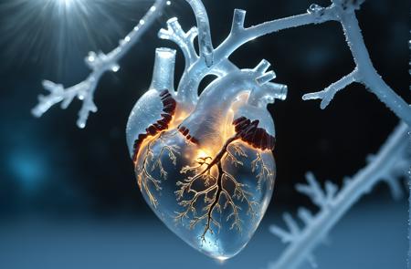 A hyper-detailed close-up of an anatomically correct human heart, suspended in mid-air, made entirely of cracked, translucent ice. Frozen veins twist outward, forming delicate crystalline branches that shimmer under the dim glow of bioluminescent blue mist. The core of the heart pulses with a trapped ember, radiating soft golden light through the frozen structure. Tiny frost particles drift through the air, refracting light in a mesmerizing, cinematic display. The background is a deep void, punctuated by ghostly glimmers of distant auroras. Ultra-HD, surreal realism, dark fantasy aesthetic.