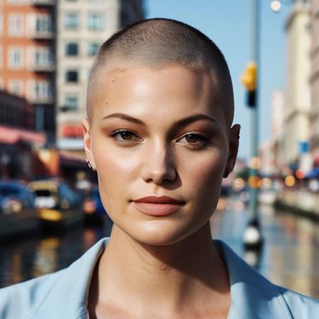 Buzzcut, no hair, bald, (Skin Texture, pores, natural,iPhone,RAW)), natural lighting, Highest Quality closeup Portrait photo of a woman wearing no makeup with a (buzzcut), Nikon Z9, realistic matte skin,  blurry city in the background, 8K,  olxholt, <lora:olholt_juggerX_xl_1_st_woc_merger_73_131_05_05_olxholt:1>