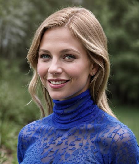 t1ff0w , Ultra-HD-details, ((nature background)), close portrait photo, breast, blue intricate turtleneck, smile