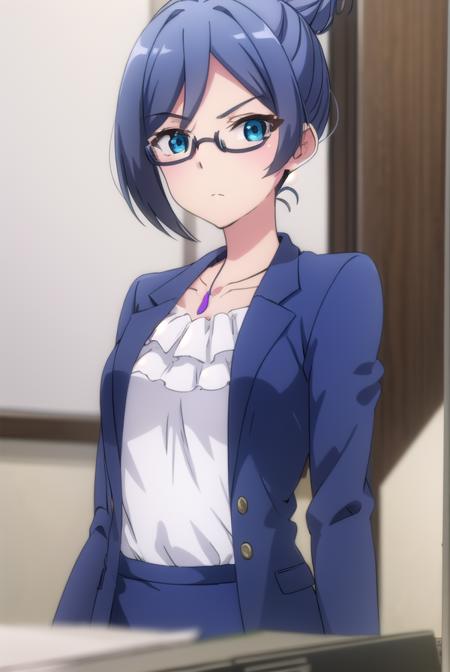 beatriceroegner, <lora:beatrice roegner s2-lora-nochekaiser:1>,
beatrice roegner, short hair, blue eyes, blue hair, glasses, hair bun, single hair bun, semi-rimless eyewear,
BREAK skirt, shirt, jewelry, collarbone, jacket, white shirt, pantyhose, necklace, blue skirt, black pantyhose, formal, single hair bun, suit, blue jacket, pencil skirt, teacher, skirt suit,
BREAK indoors, classroom,
BREAK looking at viewer,
BREAK <lyco:GoodHands-beta2:1>, (masterpiece:1.2), best quality, high resolution, unity 8k wallpaper, (illustration:0.8), (beautiful detailed eyes:1.6), extremely detailed face, perfect lighting, extremely detailed CG, (perfect hands, perfect anatomy),