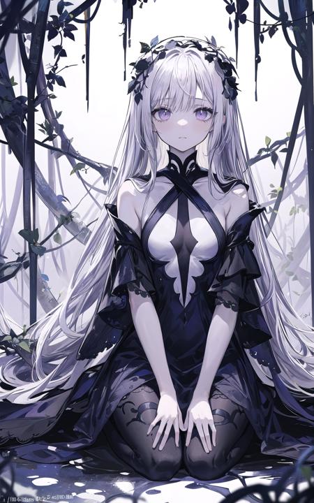 ((masterpiece:1.4, best quality))+, (ultra detailed)+,(ultra detailed eyes)+,
(cute 1girl),15 years old,(violet eyes:1.15),silver hair, very long hair,(wariza:1.2),pale skin,closed mouth,sad,
(She is dressed in a gown made of intertwining vines:1.5),(flat chest:1.2),(vines dress:1.4),(dress made of vines:1.2),(surrounded by vines:1.4),
(despair:1.3),gothic,
(dark yellow vines:1.3),leaves,(vines tree:1.1),
(dawn light:1.2),violet,
(heavy Monochrome:1.16),(depth of field:1.4), 
<lora:add_detail:0.6>,
<lora:NetherRainLora:0.6:color>,