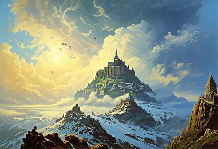 Transposition of Mont Saint Michel in the Alps. Their forms shifting and twisting with the wind. They play among the clouds, a ballet of gusts and breezes, embodying the freedom of the open air., 
in the style of a frank frazetta oil painting mixed with world of warcraft
, in the style of an old 80's VHS dark fantasy, VHS screen grab, grainy, old footage