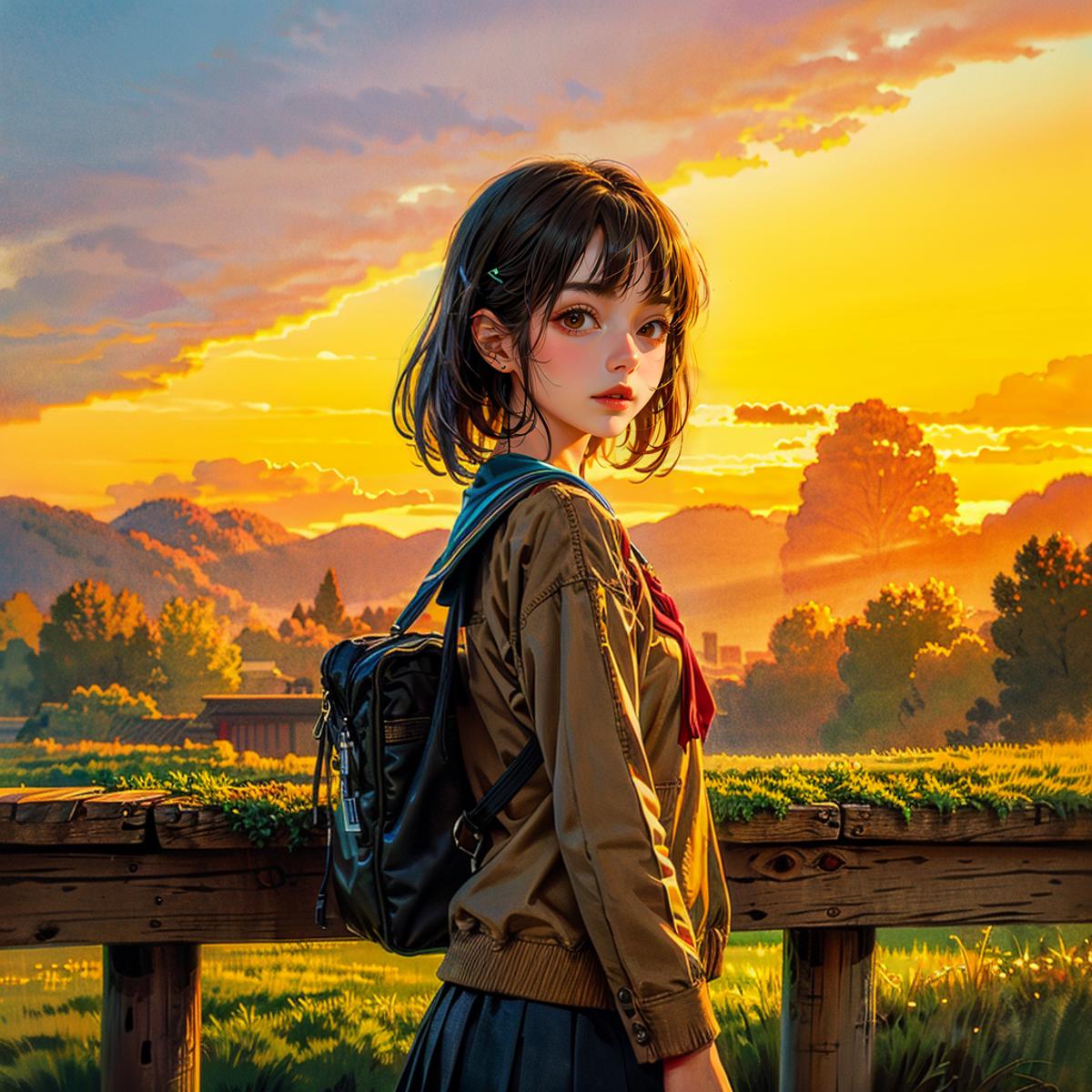 A girl with a backpack and a red tie stands on a fence overlooking a field.